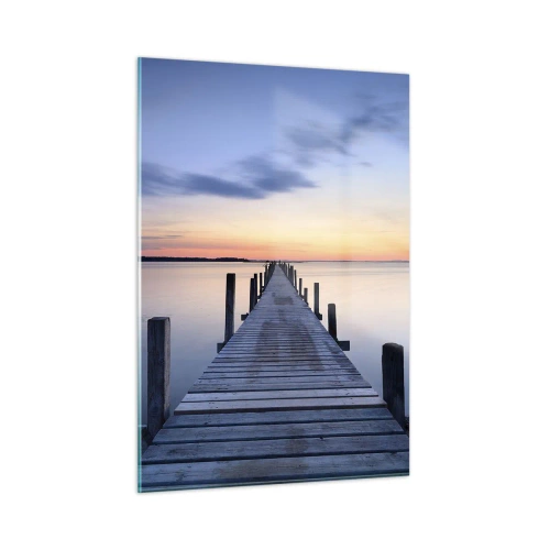 Obraz na szkle - Drewniany pomost nad spokojnym jeziorem o zachodzie słońca - 50x70cm - Spokój pogodnego zmierzchu - Nowoczesna dekoracja ścienna do salonu, kuchni i sypialni ARTTOR
