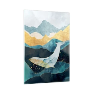 Obraz na szkle - Abstrakcyjny wieloryb wśród fal i gór w odcieniach błękitu i złota - 80x120cm - Chłodne piękno północy - Nowoczesna dekoracja ścienna do salonu i sypialni ARTTOR