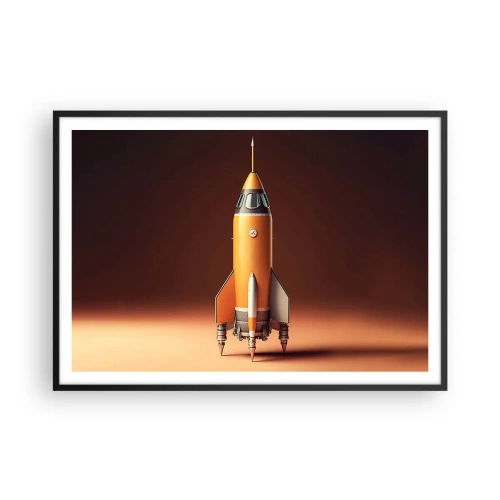 Plakat w czarnej ramie - Rakieta w stylu retro na tle brązowych odcieni - 100x70cm - Zaczyna się od marzenia - Nowoczesna dekoracja ścienna do salonu i sypialni ARTTOR