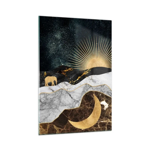 Obraz na szkle - Złoty księżyc, słońce i słonie na tle marmurowych gór i nocnego nieba - 70x100cm - Odwieczne prawa - Nowoczesna dekoracja ścienna do salonu i sypialni ARTTOR