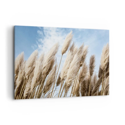 Obraz na płótnie - Delikatne trawy pampasowe na tle błękitnego nieba z lekkimi chmurami - 100x70cm - Słoneczna i wietrzna pieszczota - Nowoczesna dekoracja ścienna do salonu, kuchni i sypialni ARTTOR