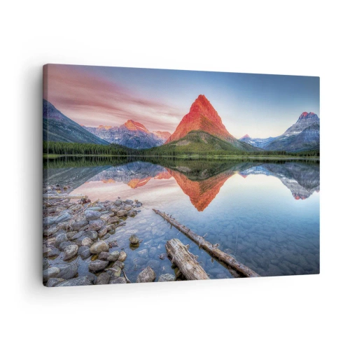 Obraz na płótnie - Góra odbijająca się w jeziorze o zachodzie słońca - 70x50cm - Żar i chłód - Nowoczesna dekoracja ścienna do salonu i sypialni ARTTOR