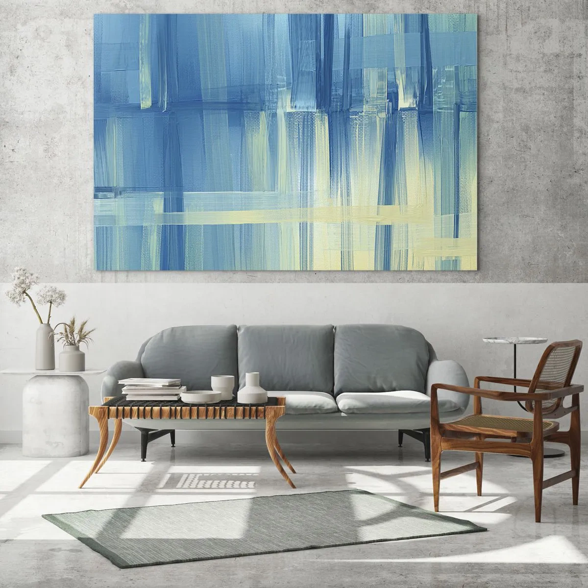 Obraz na szkle - Abstrakcyjne pociągnięcia pędzla w turkusie i żółci - 70x50cm - Kompozycja w turkusie - Nowoczesna dekoracja ścienna do salonu i sypialni ARTTOR