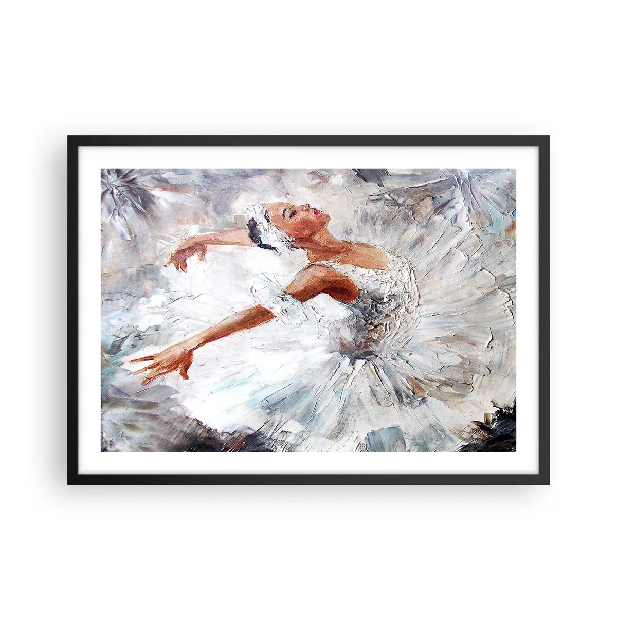Plakat w czarnej ramie - Baletnica w białej sukni podczas tańca - 70x50cm - Delikatna i lekka jak tiul - Nowoczesna dekoracja ścienna do salonu i sypialni ARTTOR