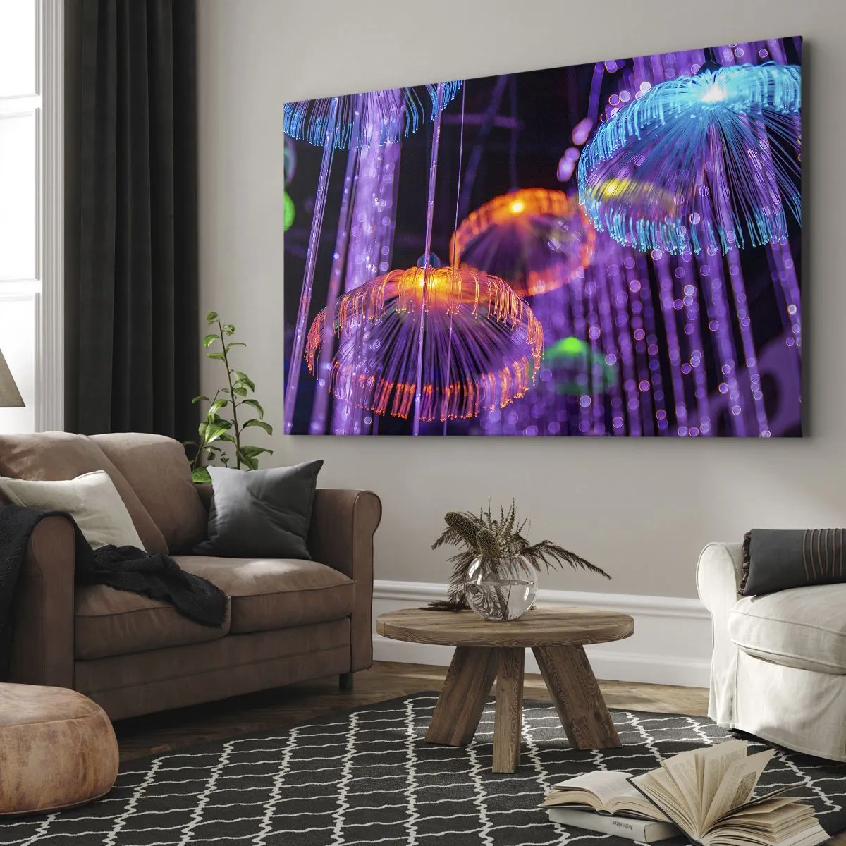 Obraz na płótnie - Kolorowe świetlne meduzy w ciemnym otoczeniu - 70x50cm - Świetlna fontanna - Nowoczesna dekoracja ścienna do salonu i sypialni ARTTOR