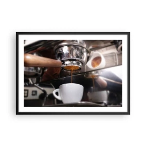 Plakat w czarnej ramie - Zbliżenie na ekspres do kawy przygotowujący świeże espresso - 70x50cm - Dobra chwila dnia - Nowoczesna dekoracja ścienna do salonu i sypialni ARTTOR