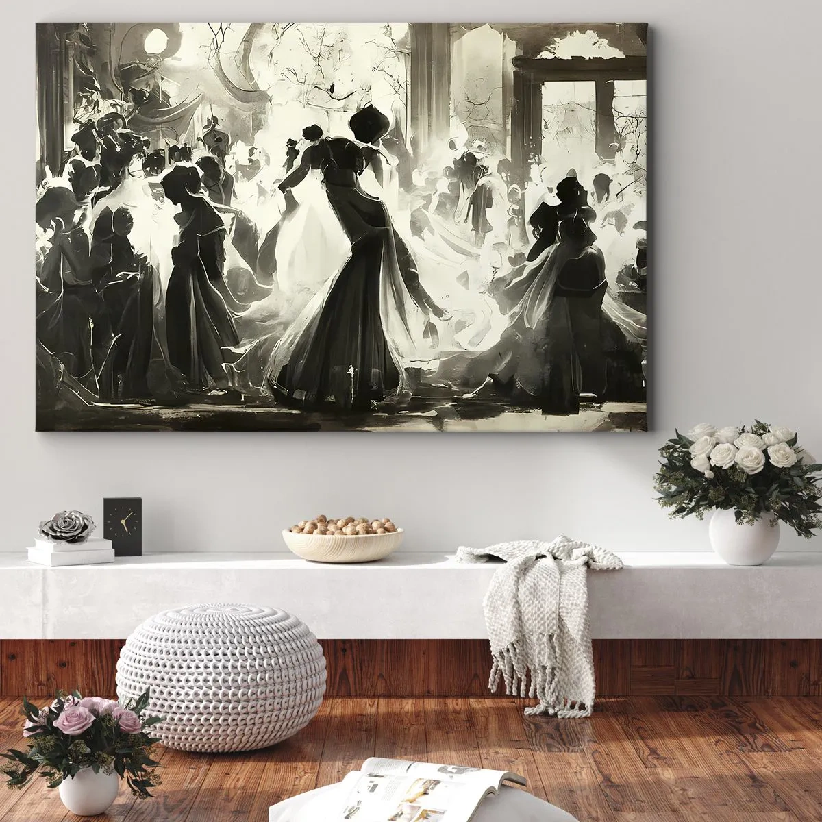 Obraz na płótnie - Bal w stylu retro w tonacji czarno-białej - 70x50cm - Wielka maskarada - Nowoczesna dekoracja ścienna do salonu i sypialni ARTTOR