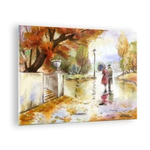 Obraz na szkle - Jesienny spacer pary po parku z kolorowymi liśćmi - 70x50cm - Romantyczna jesień w parku - Nowoczesna dekoracja ścienna do salonu i sypialni ARTTOR