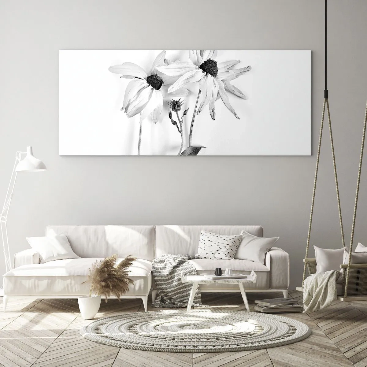 Obraz na szkle - Czarno-białe kwiaty o subtelnej kompozycji - 120x50cm - Nikt nie chce być sam - Nowoczesna dekoracja ścienna do salonu i sypialni ARTTOR