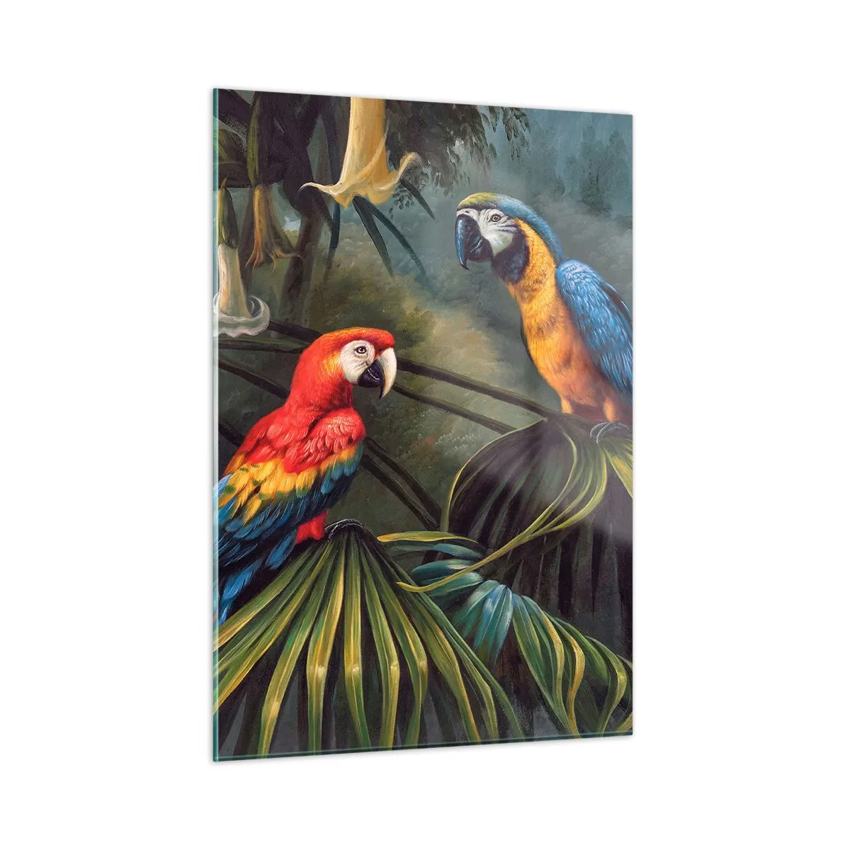 Obraz na szkle - Dwa kolorowe papugi na tle tropikalnej dżungli - 50x70cm - Romantyzm w tropikach - Nowoczesna dekoracja ścienna do salonu, kuchni i sypialni ARTTOR