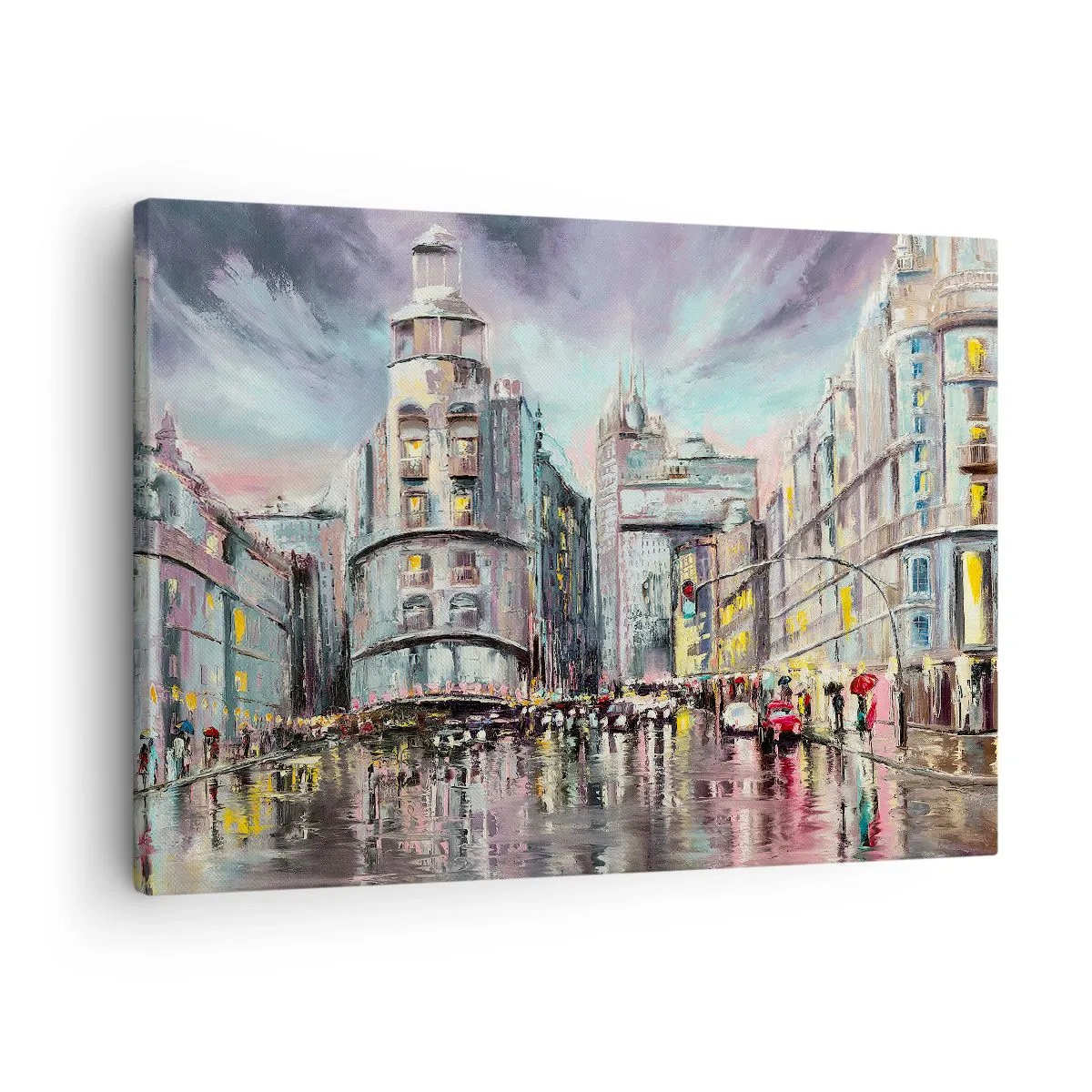 Obraz na płótnie - Wieczorny widok na miasto z odbiciami na mokrej ulicy - 70x50cm - To będzie udany wieczór - Nowoczesna dekoracja ścienna do salonu i sypialni ARTTOR