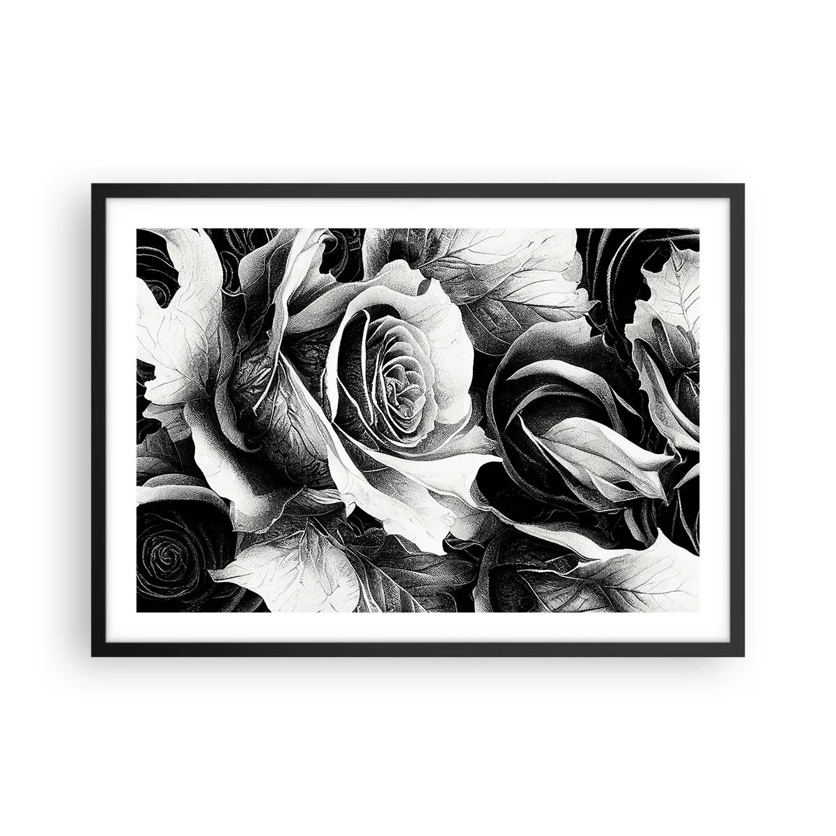 Plakat w czarnej ramie - Czarno-białe róże w eleganckiej kompozycji - 70x50cm - Zawsze królowa - Nowoczesna dekoracja ścienna do salonu i sypialni ARTTOR