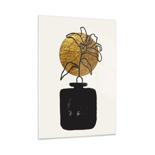 Obraz na szkle - Minimalistyczna grafika z kwiatem w złotym kole i czarnym wazonie - 50x70cm - Piękno na wagę złota - Nowoczesna dekoracja ścienna do salonu, kuchni i sypialni ARTTOR