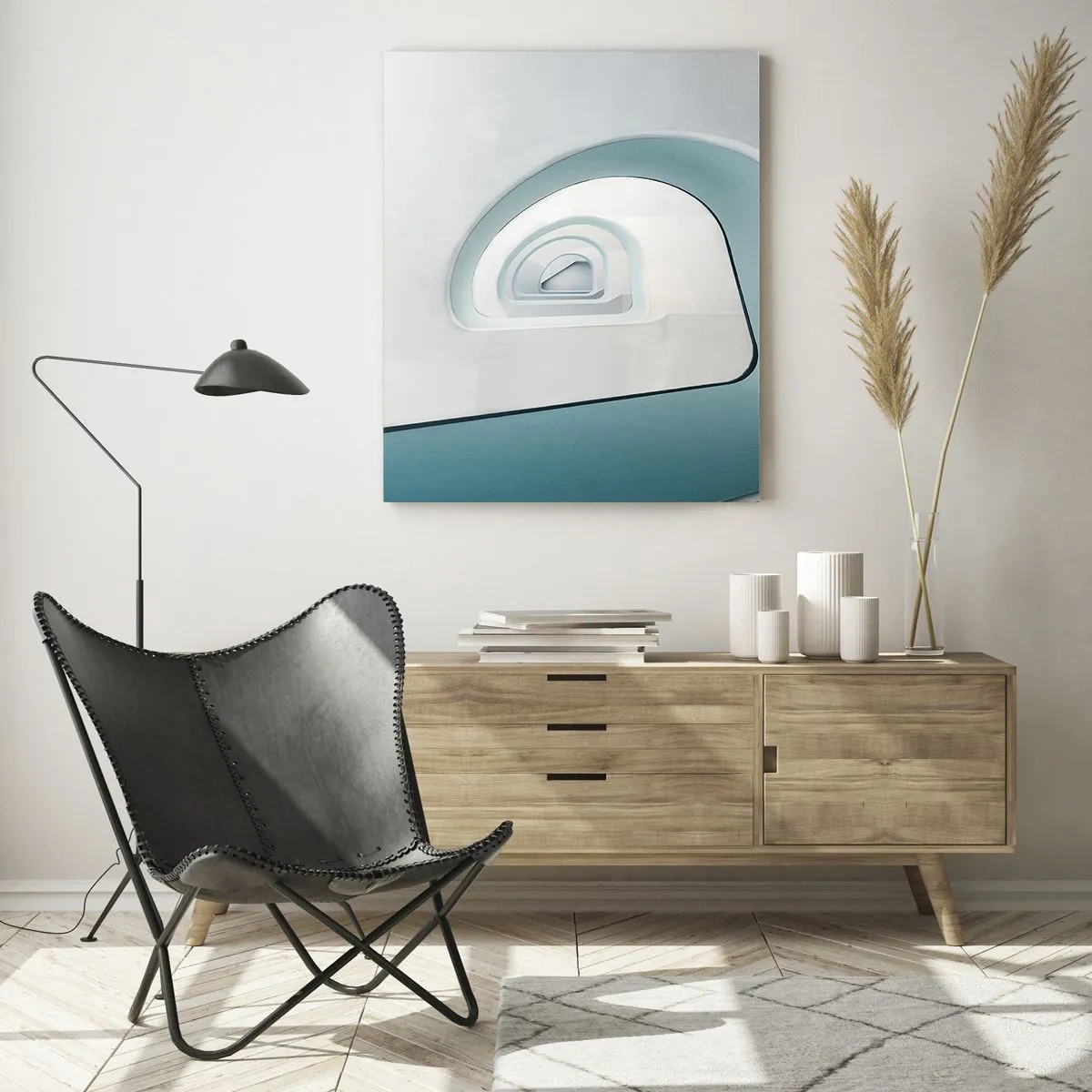 Obraz na szkle - Nowoczesna klatka schodowa w abstrakcyjnej perspektywie - 50x70cm - Do dna błękitu - Nowoczesna dekoracja ścienna do salonu, kuchni i sypialni ARTTOR