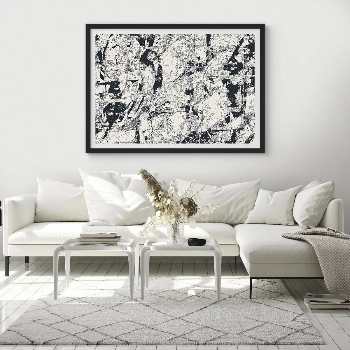 Plakat w czarnej ramie - Abstrakcyjna kompozycja w czerni i bieli z dynamicznym układem - 70x50cm - Przenikanie przeciwieństw - Nowoczesna dekoracja ścienna do salonu i sypialni ARTTOR