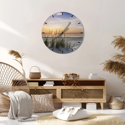 Zegar ścienny - Piękny krajobraz plaży o zachodzie słońca z trawami w tle - 30x30cm - Popatrz, pomyśl, poczuj - Nowoczesna dekoracja ścienna do salonu, kuchni i sypialni ARTTOR