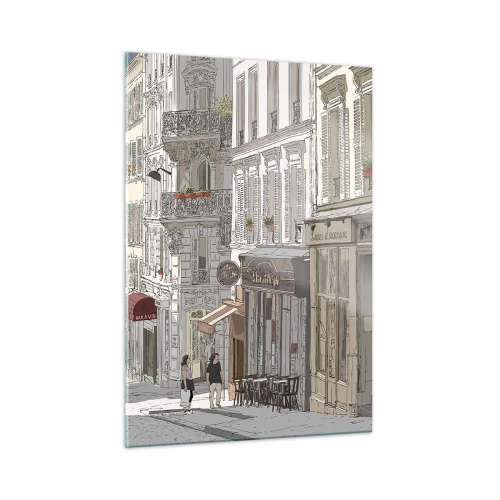 Obraz na szkle - Uliczka z kawiarniami w artystycznym stylu miejskim - 50x70cm - Miejskie radości - Nowoczesna dekoracja ścienna do salonu, kuchni i sypialni ARTTOR
