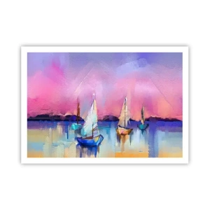 Plakat - Żaglówki na spokojnym morzu w pastelowych kolorach zachodu - 100x70cm - Kierunek: szerokie wody - Nowoczesna dekoracja ścienna do salonu i sypialni ARTTOR