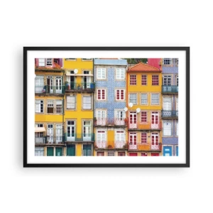 Plakat w czarnej ramie - Kolorowe fasady kamienic w miejskim krajobrazie - 70x50cm - Barwy starego miasta - Nowoczesna dekoracja ścienna do salonu i sypialni ARTTOR