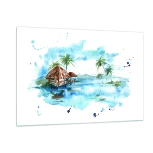 Obraz na szkle - Tropikalna sceneria z palmami i chatką w stylu akwareli - 120x80cm - Gdzieś na Pacyfiku - Nowoczesna dekoracja ścienna do salonu, kuchni i sypialni ARTTOR
