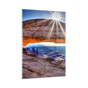 Obraz na szkle - Skalny łuk z promieniami słońca na tle krajobrazu - 50x70cm - Przez skalną bramę - Nowoczesna dekoracja ścienna do salonu, kuchni i sypialni ARTTOR