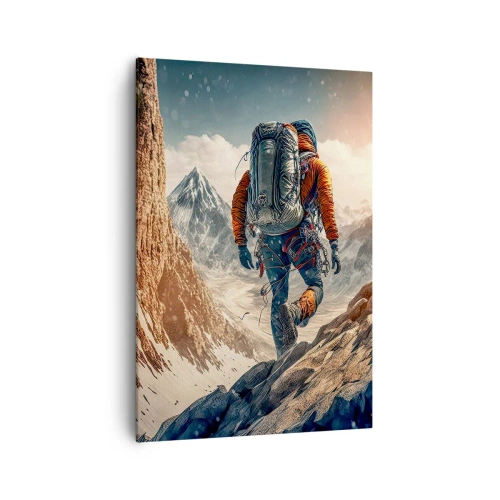 Obraz na płótnie - Wspinacz na górskim szlaku w zimowym krajobrazie - 70x100cm - Samotny wojownik - Nowoczesna dekoracja ścienna do salonu i sypialni ARTTOR