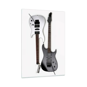 Obraz na szkle - Czarno-białe gitary elektryczne na białym tle - 50x70cm - Harmonia kształtów - Nowoczesna dekoracja ścienna do salonu, kuchni i sypialni ARTTOR