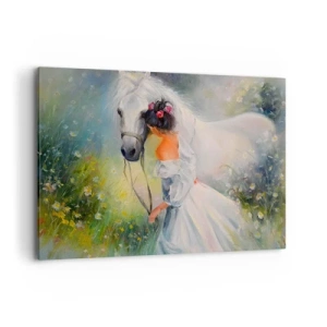 Obraz na płótnie - Kobieta z białym koniem w malowniczej scenerii - 120x80cm - Jak z pięknego snu - Nowoczesna dekoracja ścienna do salonu, kuchni i sypialni ARTTOR