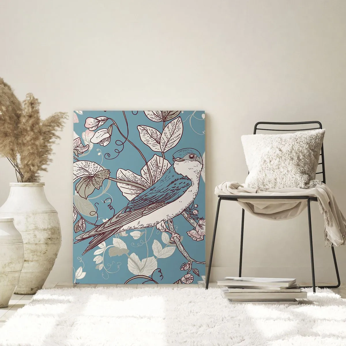 Obraz na szkle - Ptak na gałęzi w delikatnym floralnym stylu - 80x120cm - W białodrzewiu ćwirnie i srebliście - Nowoczesna dekoracja ścienna do salonu i sypialni ARTTOR