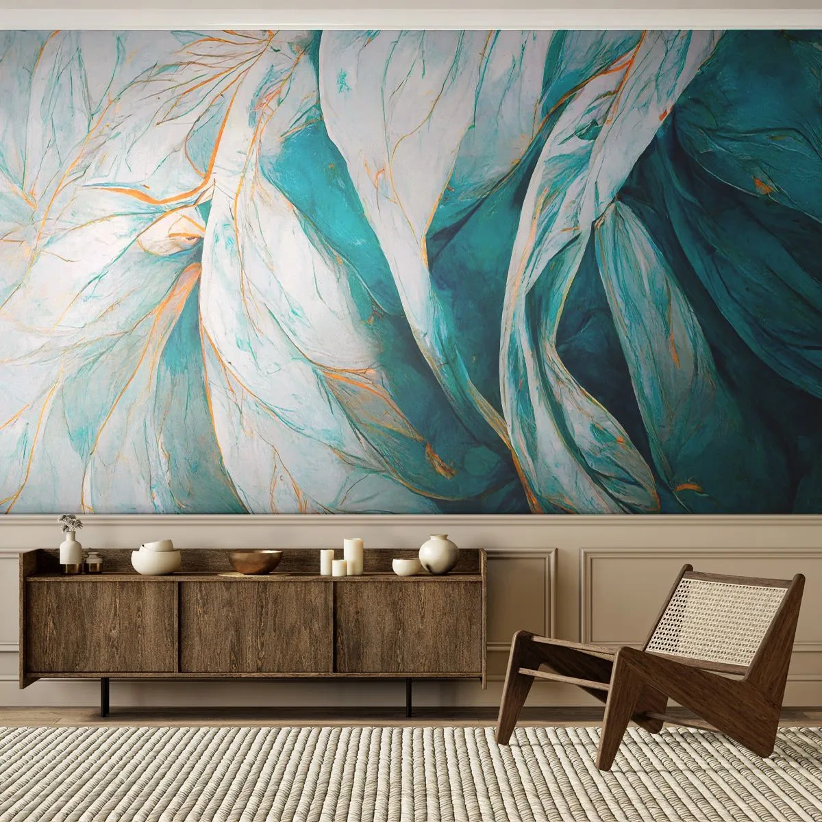 Fototapeta Premium Canvas - Abstrakcyjne błękitne liście ze złotymi detalami - 100x70cm - Błękitna abstrakcja z motywem złota - Nowoczesna dekoracja ścienna do salonu i sypialni ARTTOR