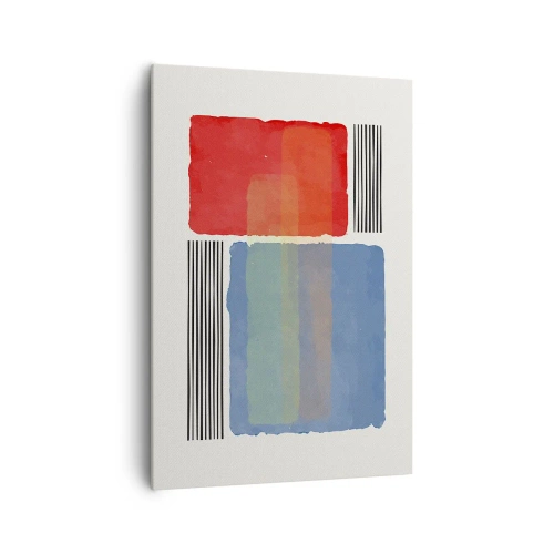 Obraz na płótnie - Geometryczna kompozycja z kolorowymi blokami i liniami - 70x100cm - Duch i litera geometrii - Nowoczesna dekoracja ścienna do salonu i sypialni ARTTOR