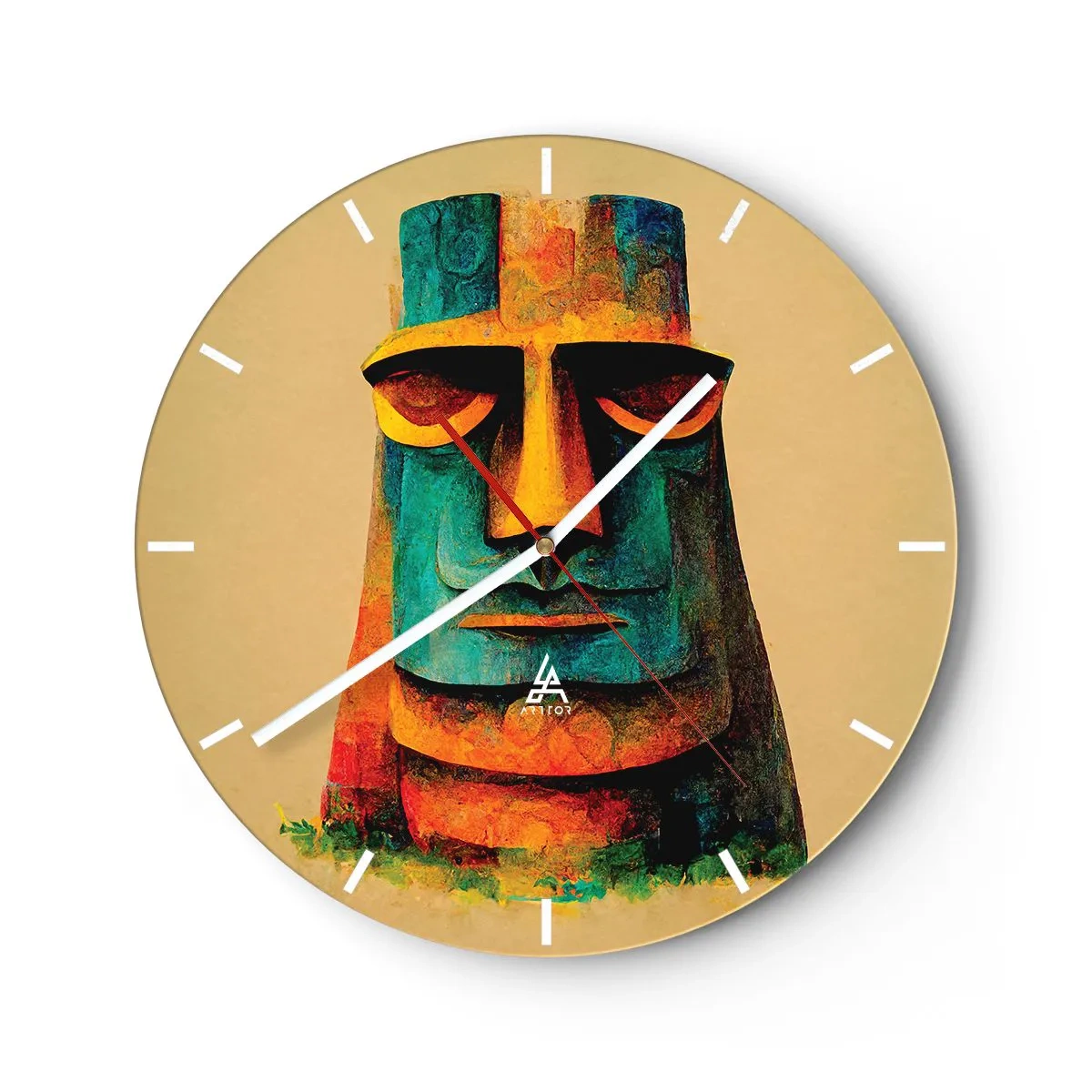 Zegar ścienny - Kolorowy portret kamiennego posągu na beżowym tle - 30x30cm - Posągowy, a sympatyczny - Nowoczesna dekoracja ścienna do salonu, kuchni i sypialni ARTTOR