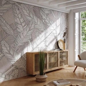 Fototapeta Premium Sand - Czarno-białe liście bananowca na beżowym tle - 100x70cm - Pierzasta zawierucha - Nowoczesna dekoracja ścienna do salonu, kuchni i sypialni ARTTOR