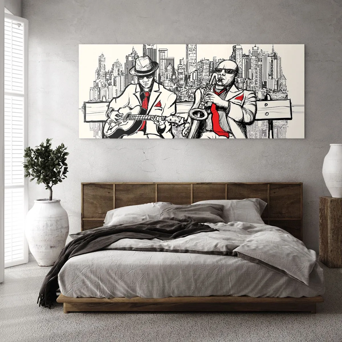 Obraz na szkle - Jazzowy duet z saksofonem i gitarą na tle miasta - 160x50cm - Nowojorska improwizacja - Nowoczesna dekoracja ścienna do salonu i sypialni ARTTOR