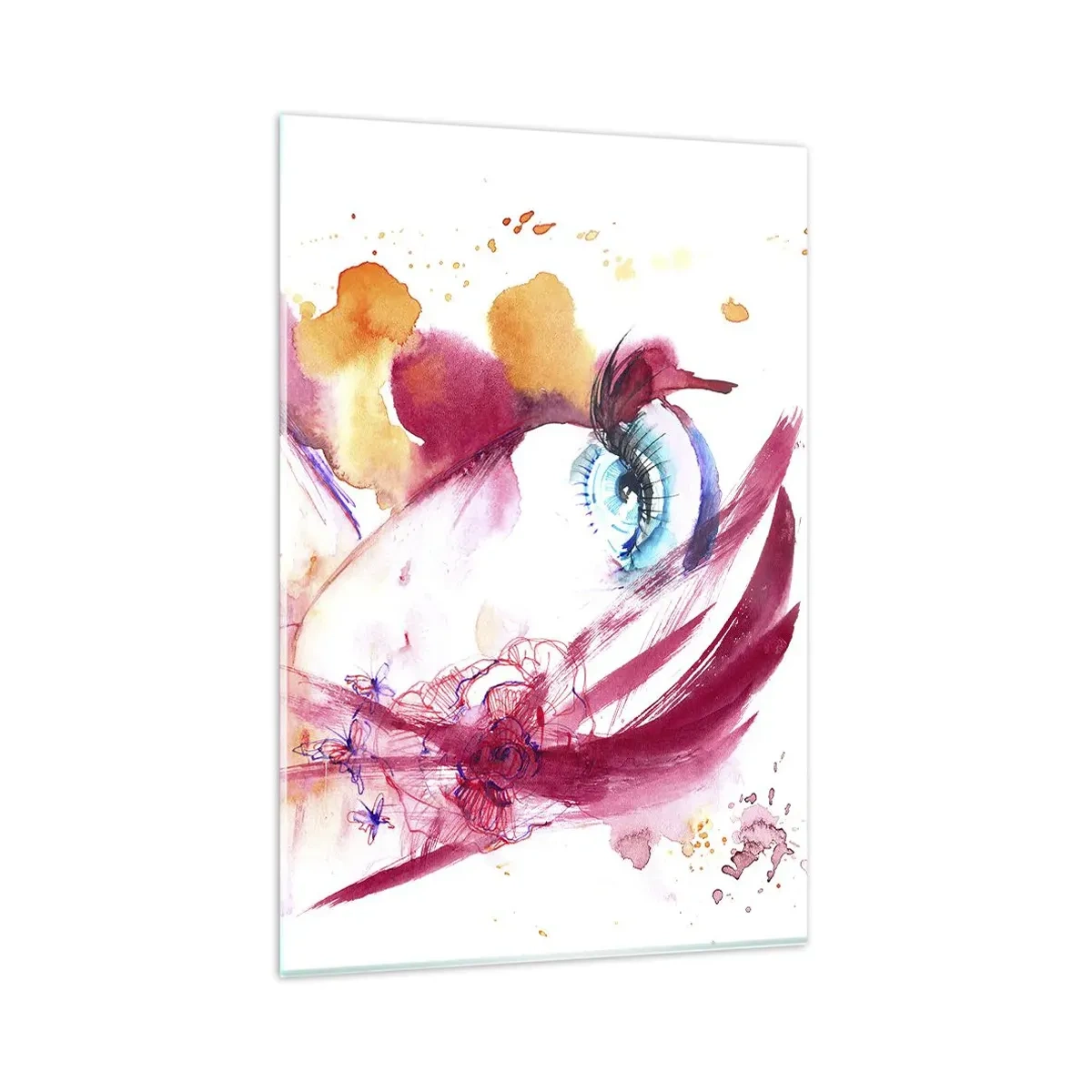 Obraz na szkle - Abstrakcyjna twarz z wyrazistymi oczami i akcentami w czerwieni - 80x120cm - W bliskości świat rozkwita - Nowoczesna dekoracja ścienna do salonu i sypialni ARTTOR