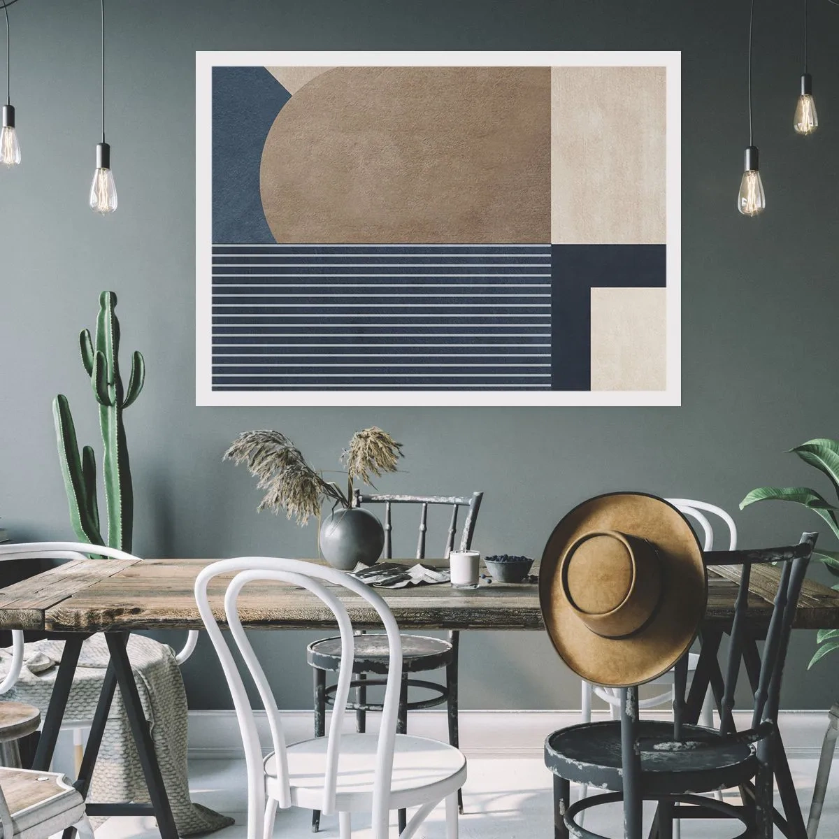 Plakat - Geometryczne figury w odcieniach beżu i granatu z liniami - 100x70cm - Kompozycja prostoty i krągłości - Nowoczesna dekoracja ścienna do salonu i sypialni ARTTOR