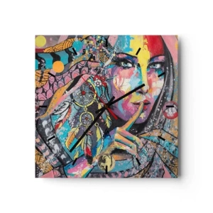Zegar ścienny - Kolorowa kobieca twarz w artystycznym stylu - 30x30cm - Milcz, aż zrozumiesz - Nowoczesna dekoracja ścienna do salonu i sypialni ARTTOR