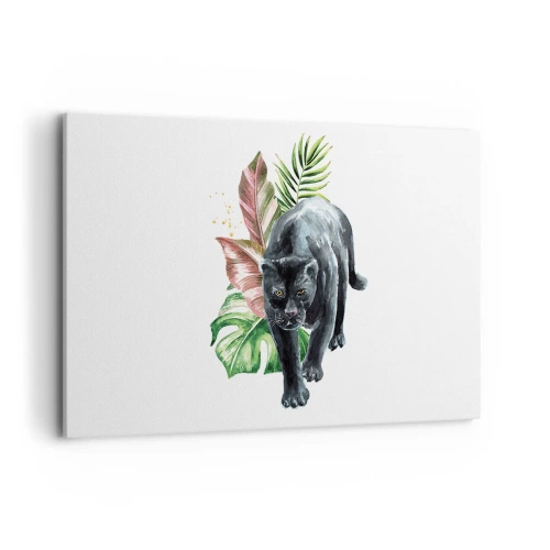 Obraz na płótnie - Czarna pantera w otoczeniu tropikalnych liści - 120x80cm - Dzikość serca - Nowoczesna dekoracja ścienna do salonu, kuchni i sypialni ARTTOR