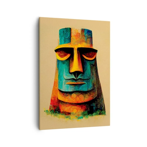 Obraz na płótnie - Kolorowa interpretacja posągu Moai w stylu abstrakcyjnym - 50x70cm - Posągowy, a sympatyczny - Nowoczesna dekoracja ścienna do salonu, kuchni i sypialni ARTTOR