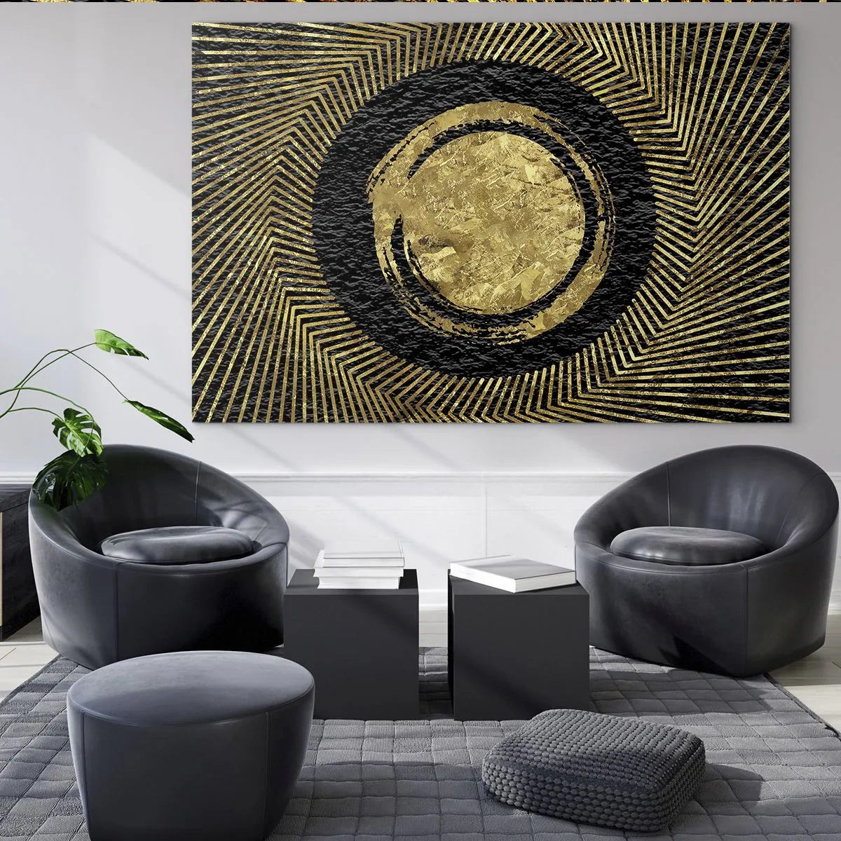 Obraz na szkle - Złoty krąg z promieniami na czarnym tle w stylu glamour - 70x50cm - Kompozycja glamour - Nowoczesna dekoracja ścienna do salonu i sypialni ARTTOR