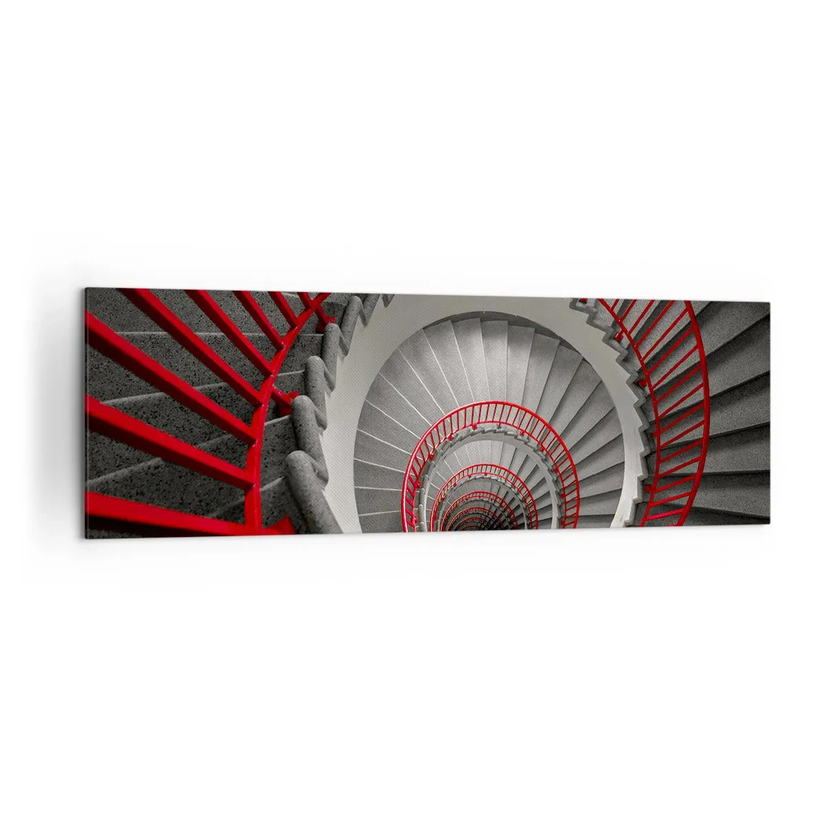 Obraz na płótnie - Spiralne schody z czerwonymi poręczami w dynamicznej perspektywie - 160x50cm - Zabawy architektury - Nowoczesna dekoracja ścienna do salonu i sypialni ARTTOR