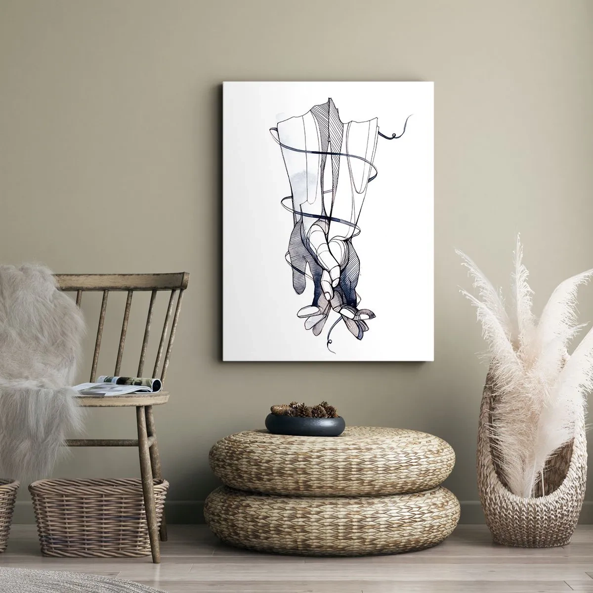 Obraz na płótnie - Abstrakcyjne splecione dłonie w nowoczesnym stylu linii - 50x70cm - Studium dotyku - Nowoczesna dekoracja ścienna do salonu, kuchni i sypialni ARTTOR