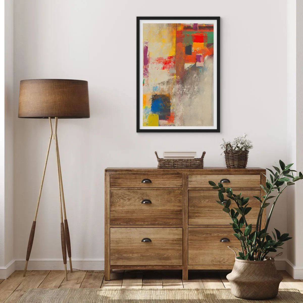 Plakat w czarnej ramie - Abstrakcyjna kompozycja w żywych kolorach - 50x70cm - Geometria barw - Nowoczesna dekoracja ścienna do salonu i sypialni ARTTOR