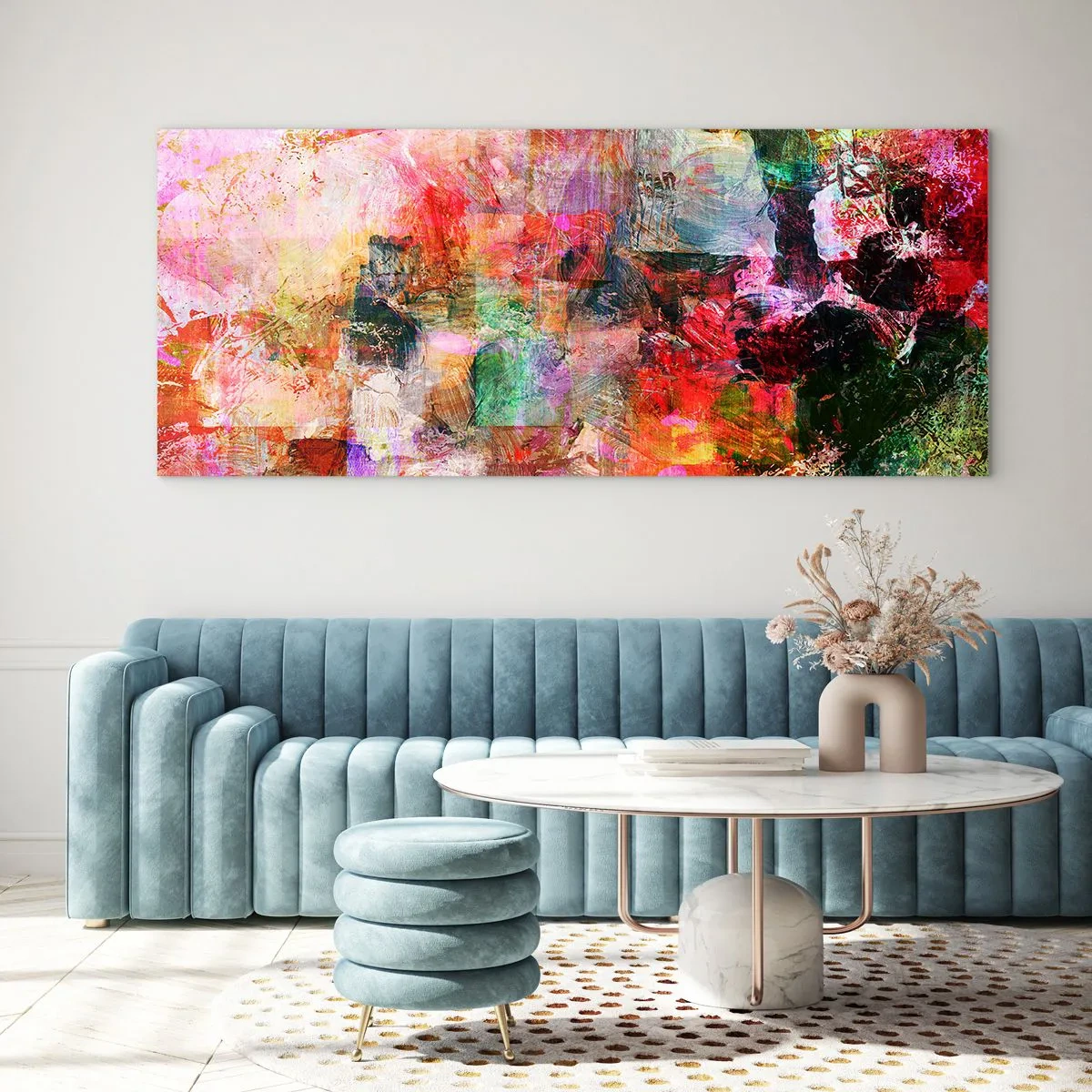 Obraz na szkle - Abstrakcyjna kompozycja z dominującymi różowymi i czerwonymi tonami - 120x50cm - Podróż poprzez róż - Nowoczesna dekoracja ścienna do salonu i sypialni ARTTOR