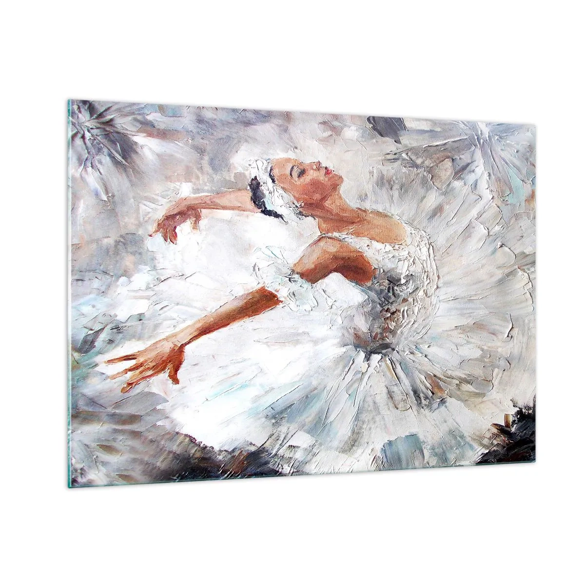Obraz na szkle - Balerina w białym stroju w dynamicznej pozie - 100x70cm - Delikatna i lekka jak tiul - Nowoczesna dekoracja ścienna do salonu, kuchni i sypialni ARTTOR