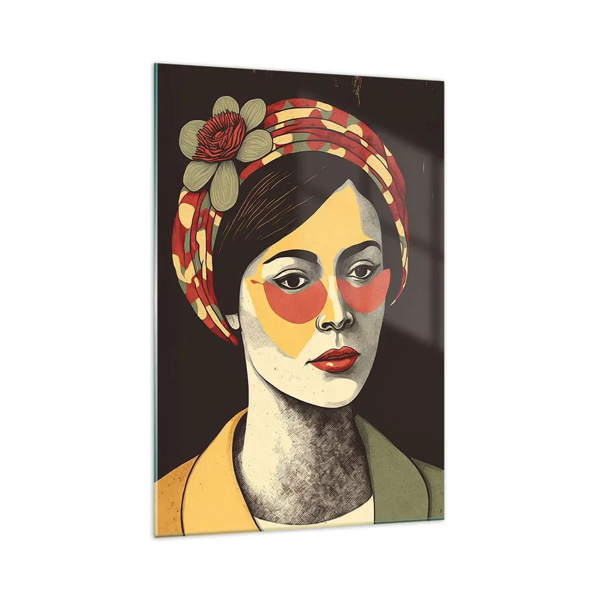 Obraz na szkle - Portret kobiety w stylu retro z kolorową chustą i okularami - 70x100cm - Koralowa dama - Nowoczesna dekoracja ścienna do salonu i sypialni ARTTOR