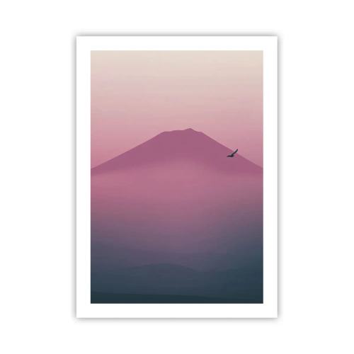 Plakat - Minimalistyczny krajobraz góry w odcieniach różu i fioletu - 50x70cm - Wędrowcy ponad chmurami - Nowoczesna dekoracja ścienna do salonu, kuchni i sypialni ARTTOR