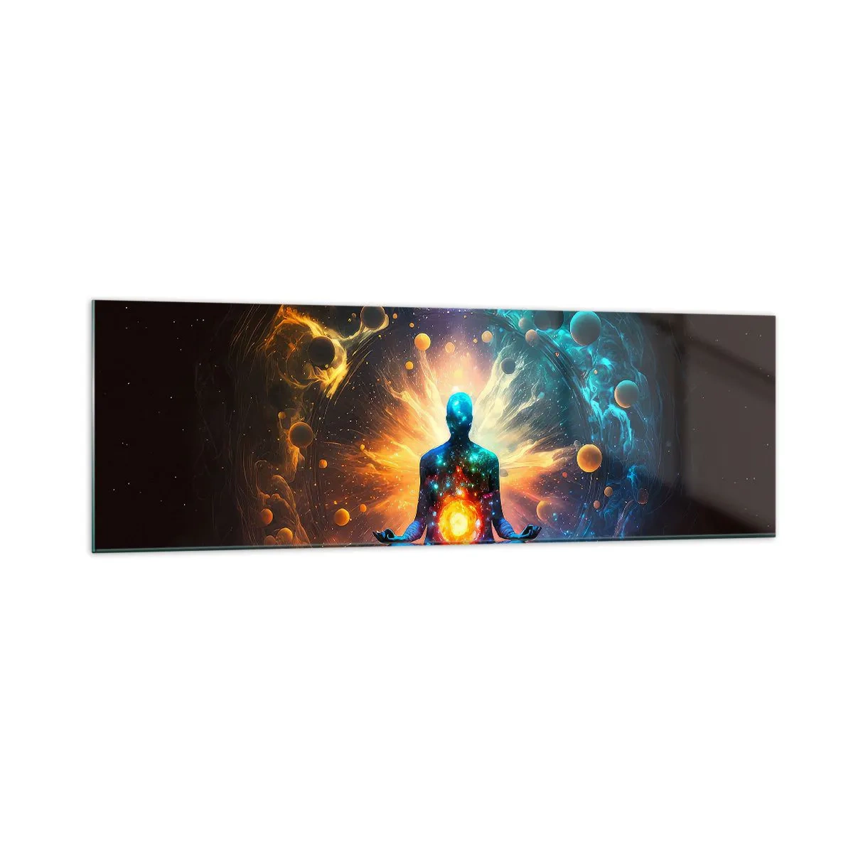 Obraz na szkle - Postać w medytacji otoczona kosmiczną aurą - 160x50cm - Kosmiczny spokój - Nowoczesna dekoracja ścienna do salonu i sypialni ARTTOR