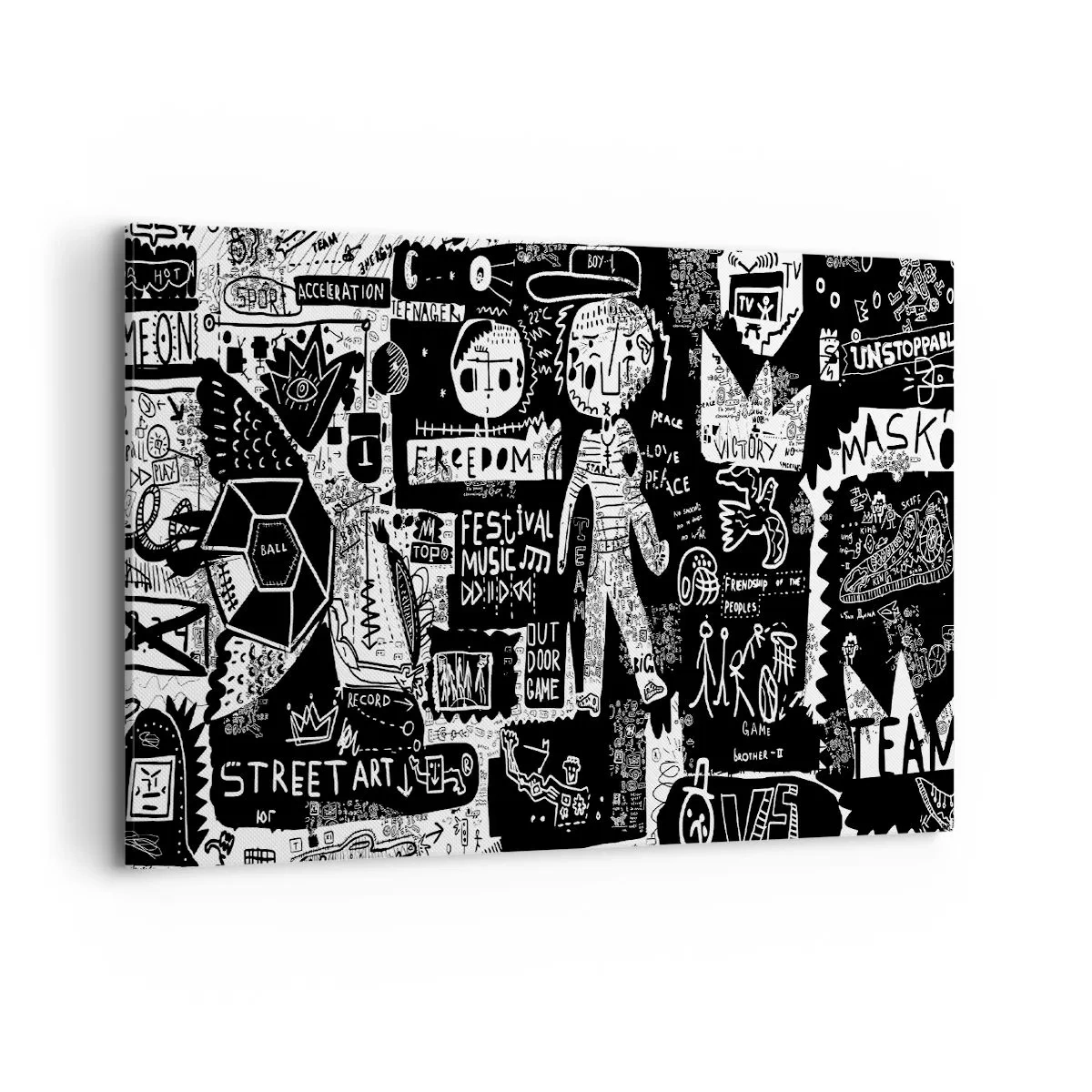 Obraz na płótnie - Czarno-biały kolaż inspirowany sztuką uliczną - 100x70cm - Duchowej młodości prawa i radości - Nowoczesna dekoracja ścienna do salonu, kuchni i sypialni ARTTOR
