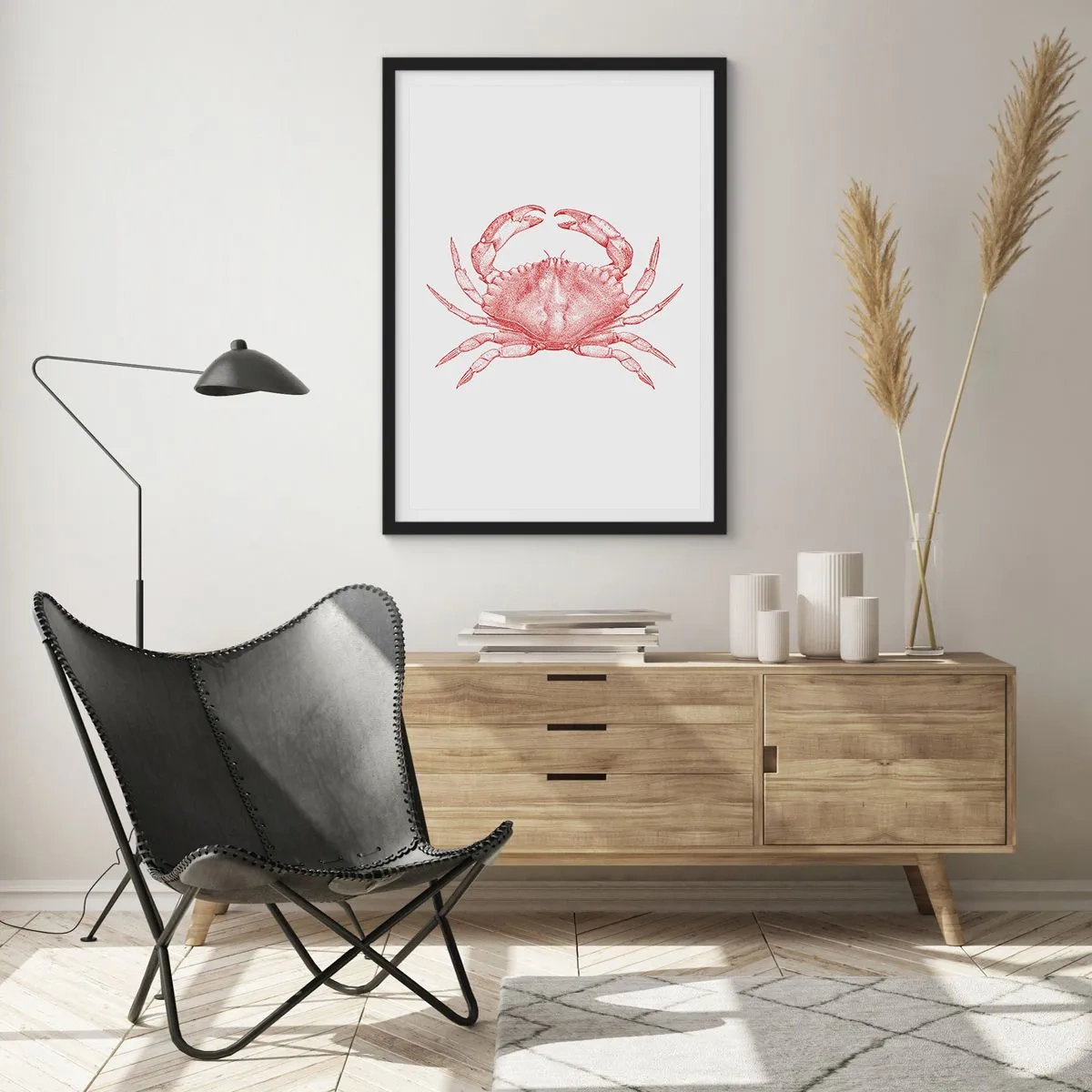 Plakat w czarnej ramie - Rysunek kraba w stylu vintage na jasnym tle - 50x70cm - Krab nad kraby - Nowoczesna dekoracja ścienna do salonu i sypialni ARTTOR